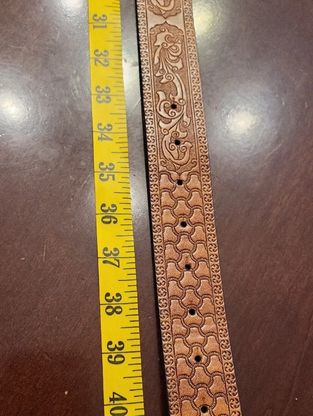Tan Bonded Leather Belt with Ornate Silver-Tone Longhorn Buckle, Sz 34